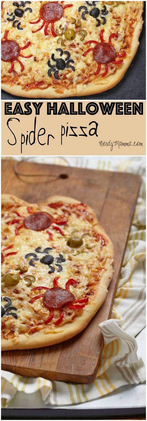 Easy Halloween Spider Pizza - Nerdy Mamma Menu Halloween, Pasteles Halloween, Healthy Party Snacks, Halloween Pizza, Recetas Halloween, Party Snacks Easy, Allergy Awareness, Halloween Party Snacks, Halloween Food Ideas