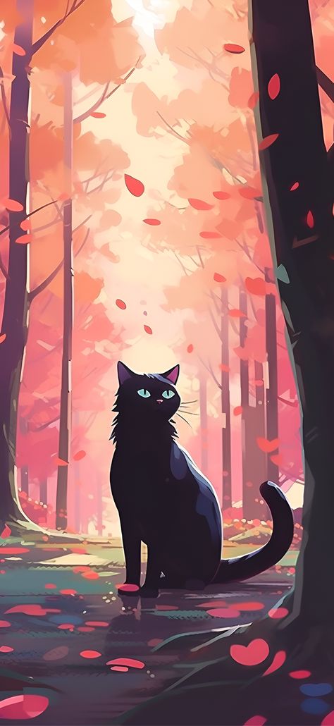 A dreamy scene of a black cat sitting in a forest with pink trees, and pink leaves softly raining down. Black Cat Sitting, Cat Phone Wallpaper, Unique Wallpapers, Cats Art Drawing, Aesthetic Wallpaper Iphone, Cat Background, Black Cat Art, Fire Art, A Black Cat