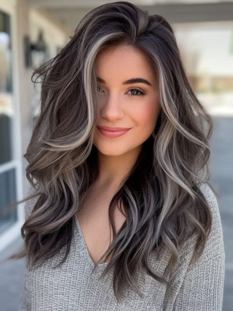 Hair Color Palette, Dark Grey Hair Color, Chocolate Brown Balayage, Trendy Balayage, Brown Hair With Silver Highlights, Dark Hair Color Ideas, Dark Hair Color, Hair Color Ideas For Winter, Grey Brown Hair