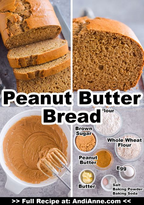 This peanut butter bread is a no-yeast, no-knead quick bread that requires little effort. All ingredients are mixed together in a bowl and poured into a loaf pan. The bread is baked in the oven for an hour. Loaf Bread Recipes Easy, Easy Bake Bread No Yeast, Peanut Butter Quick Bread Recipes, Baking Bread Without A Loaf Pan, Peanut Bread, 1932 Peanut Butter Bread Recipe, Bread Peanut Butter, Peanut Butter Recipes Easy, Baked Muffins