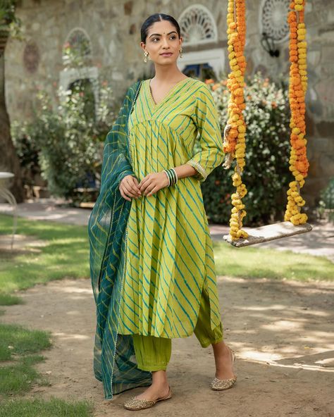 ~HARMONY OF HUES~ Lehariya Collection - New Arrivals! A fresh vibrant look with teal Lehariya contrasting against a lime green base. Rows of silver gota enhance the elegant neckline and sleeve cuffs. This is a standout piece for festive occasions. [ Cottons Jaipur, Cotton, Lehariya, Rajasthan, Handcrafted, Traditional, Ethnic] #cottons #cottonsjaipur #newarrivals #rajasthan #heritage #traditional #lehariya #lehariyasuits #kurta #craftmanship #indianart #colours #indian #ethnic #cottonkur... Cottons Jaipur, Cotton Dress Pattern, Simple Kurta, Simple Kurta Designs, Fashion Sewing Tutorials, Coord Set, Kurta Designs, Kurti Designs, Indian Art