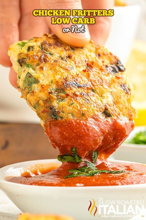 Chicken Fritters (Low Carb or Not) - The Slow Roasted Italian Chicken Fritters Recipe, Pepperoni Pizza Bites, Chicken Fritters, Bacon Wrapped Chicken Bites, Slow Roasted Italian, Flat Cakes, The Slow Roasted Italian, Chicken Slices, Skewers Grill