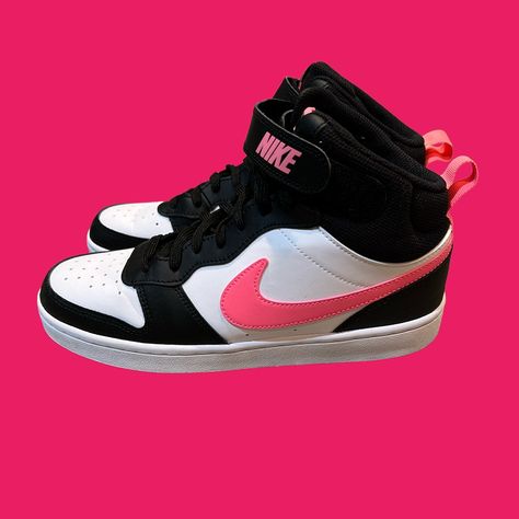 New With Box White, Black And Pink High Tops Court Borough Mid 2 Size 7 Youth (Will Also Fit A Womens 8.5) Nike Pink High Tops, Pink Black And White Air Jordans, Pink Nike High-top Sneakers With Rubber Sole, Nike High Tops Pink And Black, High Top Air Jordans, Pink Mid-top Jordan Shoes For Streetwear, Nike Court Borough Mid 2, Court Borough Mid 2, Nike Shoes For Boys