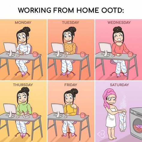 Tips for working from home from Blogilates! All the fashion influencers working from home like.... Funny working from home meme and 2020 meme. Who else is working from home right now? Photo by blogicomics in Los Angeles, California. Image may contain: text that says 'MONDAY WORKING FROM HOME OOTD: TUESDAY WEDNESDAY THURSDAY FRIDAY SATURDAY T'. #Regram via @CIk_XvADu0p Working From Home Meme, Girl Problems Funny, Gym Challenge, Relatable Comics, Cassey Ho, Funny Poems, Life Comics, Cute Inspirational Quotes, Funny Meems