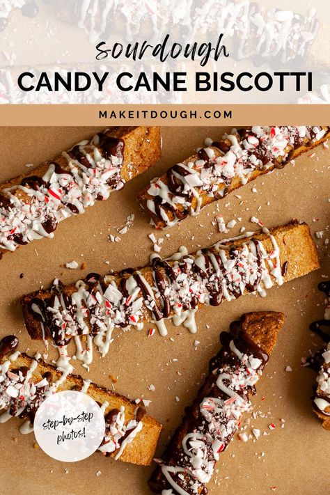 Get festive with this easy homemade sourdough peppermint biscotti recipe, filled with bits of dark chocolate, white chocolate, and crushed candy canes. Crisp and perfect for dipping, these biscotti make a beautiful addition to holiday dessert tables. Reuse your sourdough discard and bake up a treat to enjoy all season long. Head to makeitdough.com for sourdough recipes and tips! Sourdough Peppermint Scones, Sourdough Discard Biscotti Recipes, Christmas Sourdough Flavors, Peppermint Sourdough, Sourdough Discard Biscotti, Holiday Sourdough Recipes, Sourdough Christmas Gift, Sourdough Christmas Cookies, Christmas Sourdough Recipes