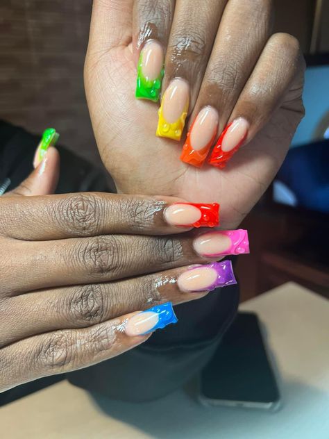 Pride Nail Designs Acrylic, Pride Nails Inspiration, Gay Pride Nails Acrylic, Nails Pride Short, Nails For Pride, Nails Acrylic Pride, Pride French Tip Nails, Chrome Pride Nails, Pride Acrylic Nails