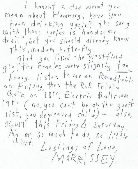 Morrissey Letters, Handwritten Lyrics, Pretending To Be Happy, The Smiths Morrissey, Johnny Marr, Salford, Charming Man, Morrissey, Letter Writing