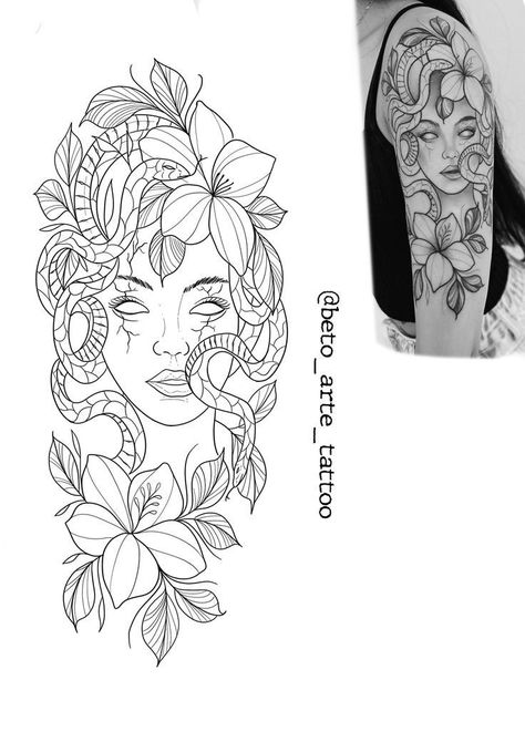 Medusa With Flowers Tattoo, Medusa Stencil, Medusa Tattoo Stencil, Half Sleeve Tattoos Forearm, Arm Sleeve Tattoos For Women, Medusa Tattoo Design, Clever Tattoos, Tattoo Zeichnungen, Forearm Sleeve Tattoos