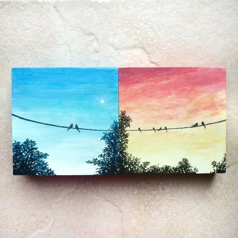 Half Canvas Paintings, Two Matching Canvas Paintings, Painting On 2 Canvases, Day And Night Canvas Painting, Matching Mini Canvas Art, Two Part Paintings, Matching Mini Canvas Paintings, Matching Canvas Paintings For Friends, Dual Canvas Painting Ideas