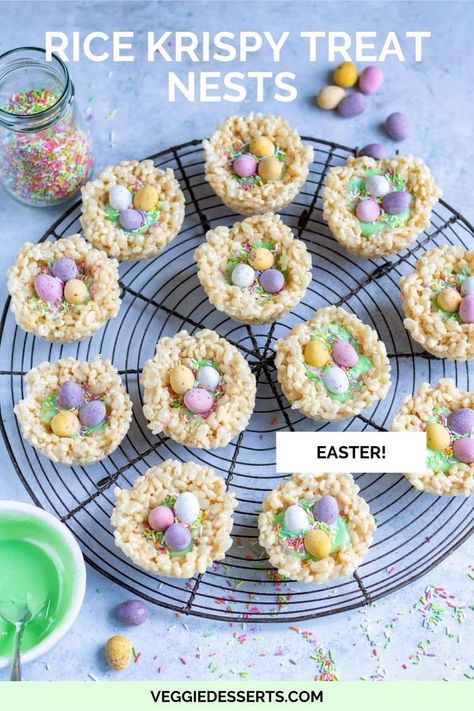 Rice Krispie Nests are a super easy no-bake dessert for Easter. Mold rice crispy treats into bird nest shapes in a muffin pan and decorate with mini eggs, peeps or candy. Rice Krispy Nest Treats, Easter Rice Crispy Treats, Rice Krispie Nests, Easter Rice Krispies, Easter Rice Krispie Treats, Easter Egg Nest, Rice Crispy Treats Recipe, Vegetarian Kids, Easy Easter Desserts