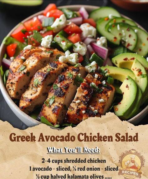 homemade recipes with anna | Greek Avocado Chicken Salad | Facebook Greek Avocado Chicken Salad, Cleanish Eating, Food Avocado, Chicken Salad Ingredients, Avocado Chicken, Avocado Chicken Salad, Chicken Avocado, Kalamata Olives, Salad Ingredients