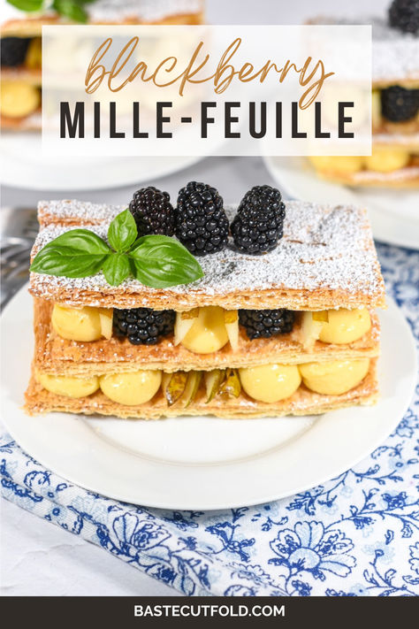 A mille-feuille recipe featuring layers of flaky puff pastry, fresh pears and blackberries, and ginger infused pastry cream. Learn how to make a mille-feuille with this autumn inspired twist on the classic French pastry. Millie Feuille Recipe, Fruit Dumplings, Blackberry Recipes, French Pastry, Autumn Inspired, Pastry Cream, French Pastries, Bean Paste, Chicken Pot