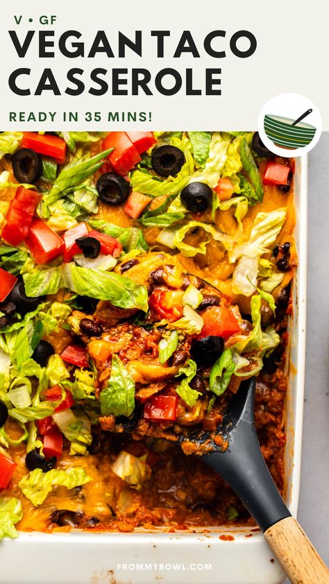 This quick and easy Vegan Taco Casserole is packed with protein and delicious Tex-Mex flavors! Serve it as a fun party dip with tortilla chips or over fluffy rice for a hearty dinner. Vegan, Gluten-Free, Oil-Free Option. Vegan Taco Casserole, Vegan Ground Beef, Vegan Taco, Vegan Casserole, Dinner Vegan, Vegan Beef, Fluffy Rice, Party Dip, Vegan Mexican Recipes