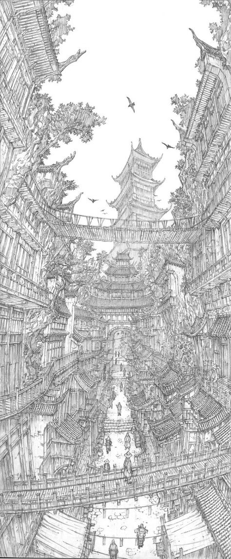 Design Stack: A Blog about Art, Design and Architecture: Architecture in Super Detailed Fantasy Drawings Starověký Egypt, Fantasy Drawings, Have Inspiration, Chengdu, 판타지 아트, Environment Concept Art, Environmental Art, 그림 그리기, Architecture Drawing