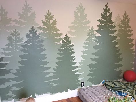 I've spent most of my adult life in the no-murals-ever camp. I didn't want anything too themed because I knew I'd get tired of it and want t... Diy Forest Mural, Camping Theme Bedroom, Diy Forest, Camping Bedroom, Boys Room Mural, Boys Room Diy, Camping Room, Forest Room, Wall Murals Diy