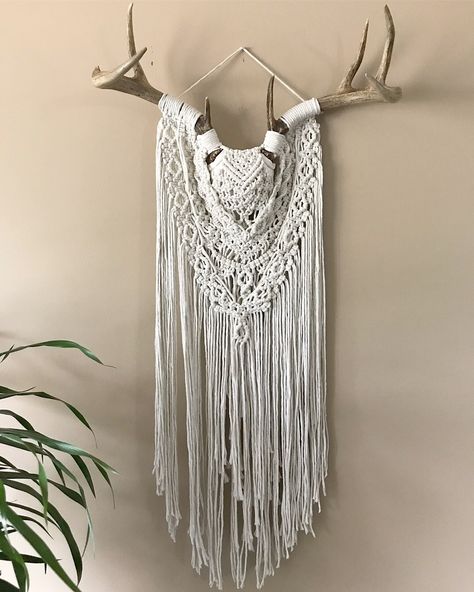 Deer Skull Macrame Wall Hanging, Deer Skull Macrame, Antler Macrame, Antler Wall Hanging, Macrame Crafts, Antlers Decor, Antler Crafts, String Crafts, Macrame Wedding