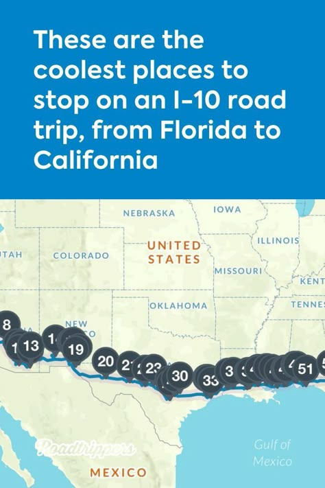 Coolest places to stop on an I-10 road trip from FL to CA Road Trip From Florida, California Roadtrip, Road Trip Map, Road Trip Places, Rv Road Trip, Cross Country Road Trip, Road Trip Routes, National Park Road Trip, Us Road Trip