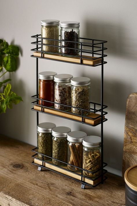 How To Decorate Kitchen Shelves, Spice Rack Ideas, Spice Shelf, Kitchen Spices, Wooden Shelf, Spice Rack, Kitchen Shelves, Wooden Shelves, Kitchen Space