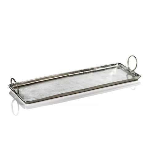 Williston Forge Ledoux Long Raw Aluminum Serving Tray | Wayfair Aluminum Serving Trays, Aluminum Tray, Tray With Handles, Metal Tray, Candle Tray, Metal Trays, Serving Trays, Nickel Finish, Tray Decor