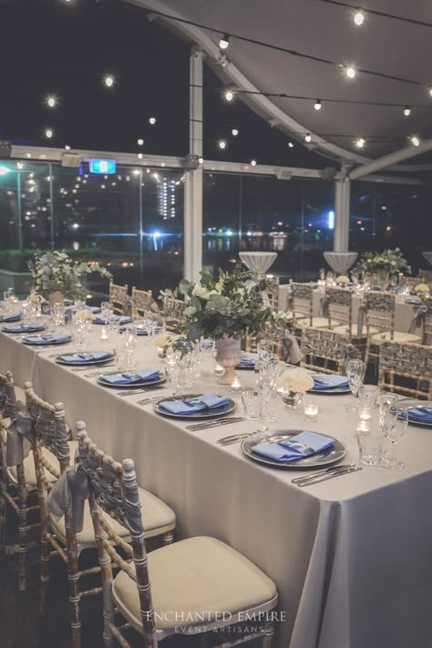 Dusky Blue Wedding, Steel Blue Weddings, Tiffany Chairs, Grey Wedding Theme, Silver Wedding Theme, Blue Silver Weddings, Powder Blue Wedding, Blue Wedding Receptions, Silver Wedding Decorations