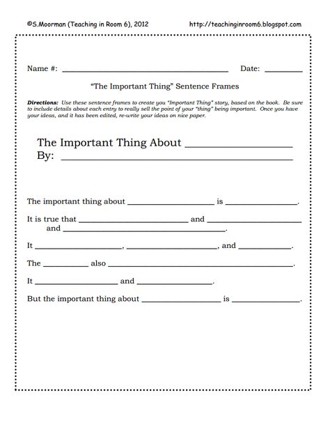 Important Thing Sentence Frames.pdf Reading Main Idea, The Important Book, Teaching Main Idea, Sentence Frames, Academic Language, Teaching 5th Grade, Margaret Wise Brown, Middle School Writing, Classroom Freebies