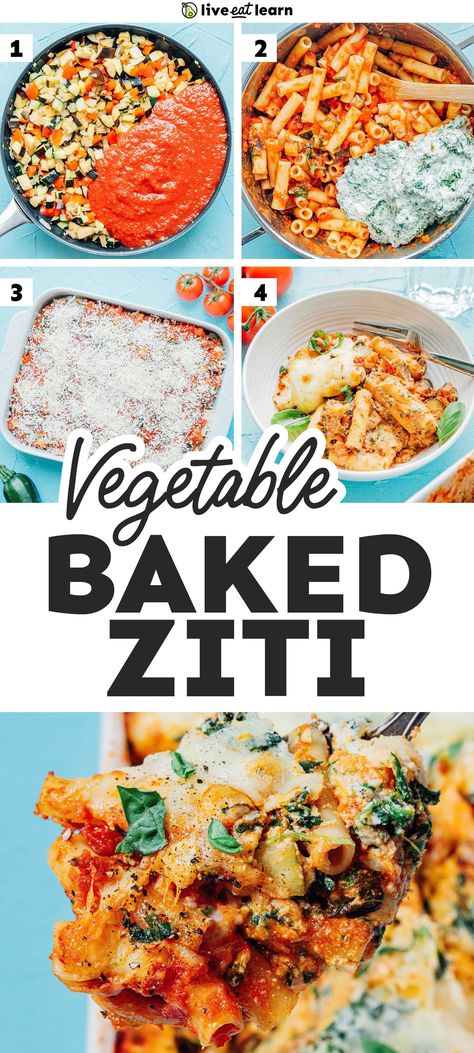 This vegetable packed vegetarian baked ziti recipe is the ultimate weeknight dinner. With sautéed veggies and spinach ricotta, it's a healthy comfort food you'll feel good about diving into. It makes six large portions and is great for making in advance, see notes below! Veggie Ziti, Vegan Baked Ziti Recipe, Baked Ziti Vegetarian, Veggie Baked Ziti, Vegetarian Baked Ziti, Vegan Pasta Recipes Homemade, Veggie Pasta Bake, Sautéed Veggies, Easy Baked Ziti