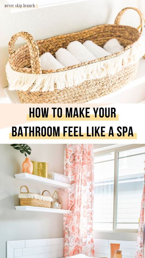 Give your bathroom a luxury feel! 9 tips for bathroom decor spa inspiration to show you how to get luxury bathroom decor on a budget | Never Skip Brunch by Cara Newhart #home #decor #bathroom #spa Bathroom Decor Tips, Small Luxury Bathroom Decor, Spa Bathroom Shelf Decor, Make Bathroom Feel Like Spa, Home Bathroom Spa Ideas, How To Make Your Bathroom Feel Like A Spa, How To Make Your Bathroom A Spa, Spa Bathrooms On A Budget, Bath Spa Ideas At Home