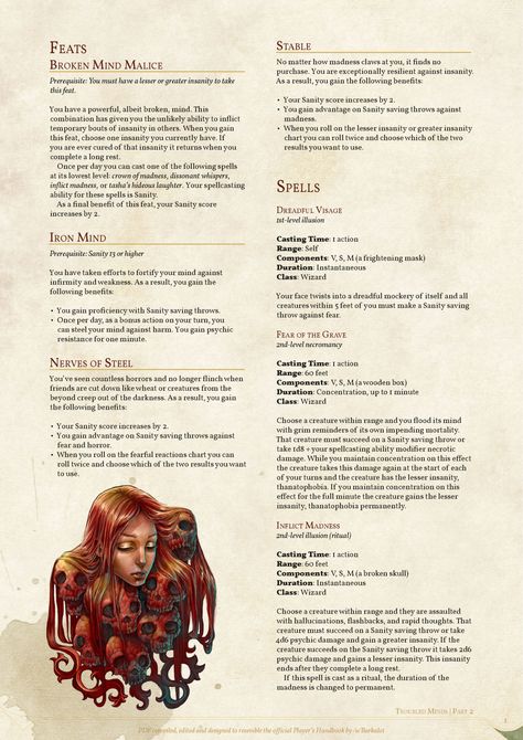 Troubled Minds: Feats & Spells by coolgamertagbro / Sterling Vermin Interesting References, Dnd Feats, Dm Resources, 5e Spells, Homebrew Classes, Dnd Homebrew, Dnd Classes, Dnd Races, Dnd Ideas