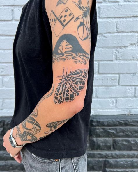 Colorado Tattoo, Tiger Moth, Elbow Tattoos, Moth Tattoo, Tattoo Placement, More To Come, Blackwork Tattoo, Blackwork, Sleeve Tattoos