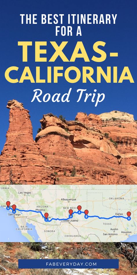 Things to do on a road trip from Texas to California. The ultimate Texas to California road trip itinerary with where to stay, what to see, and where to eat. We include many kid-friendly stops and budget-friendly activities, like Roswell, New Mexico, White Sands National Monument, the Hollywood Walk of Fame, the Grand Canyon, Sedona, Arizona, as well as other fun roadside attractions. Click or visit FabEveryday.com for the full California to Texas road trip itinerary. Road Trip From Texas, California Road Trip Itinerary, California Roadtrip, Best Road Trips, California Road Trip, Route 66 Road Trip, Texas Roadtrip, Rv Road Trip, Family Road Trip