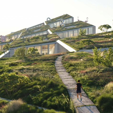 BIG and Castro Group plan "urban fashion village" with hill-like roof Architecture Practice, Urban Housing, Outdoor Path, Hillside Landscaping, Bjarke Ingels, Roof Architecture, Tech Company, Public Realm, Brick Architecture