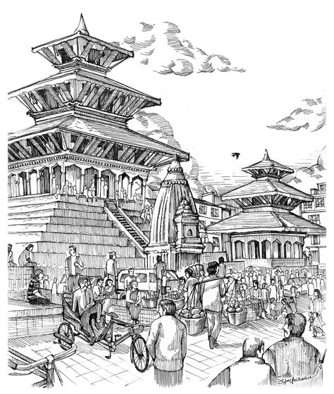 Ink Drawing Nepal Series Kathmandu on Behance Series Illustration, Cityscape Drawing, Temple Drawing, Nepal Art, Landscape Pencil Drawings, Perspective Sketch, Perspective Drawing Architecture, Drawing Hair, Historical Buildings