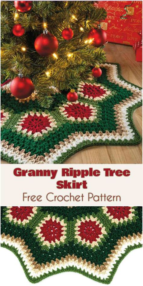 Granny Ripple Tree Skirt [Free Pattern] | Your Crochet - this one actually links to the pattern book. Christmas Tree Skirt Crochet Pattern, Crocheted Christmas Tree, Crochet Tree Skirt, Crochet Christmas Trees Pattern, Christmas Tree Skirts Patterns, Tree Skirt Pattern, Christmas Crochet Patterns Free, Crocheted Christmas, Skirt Crochet