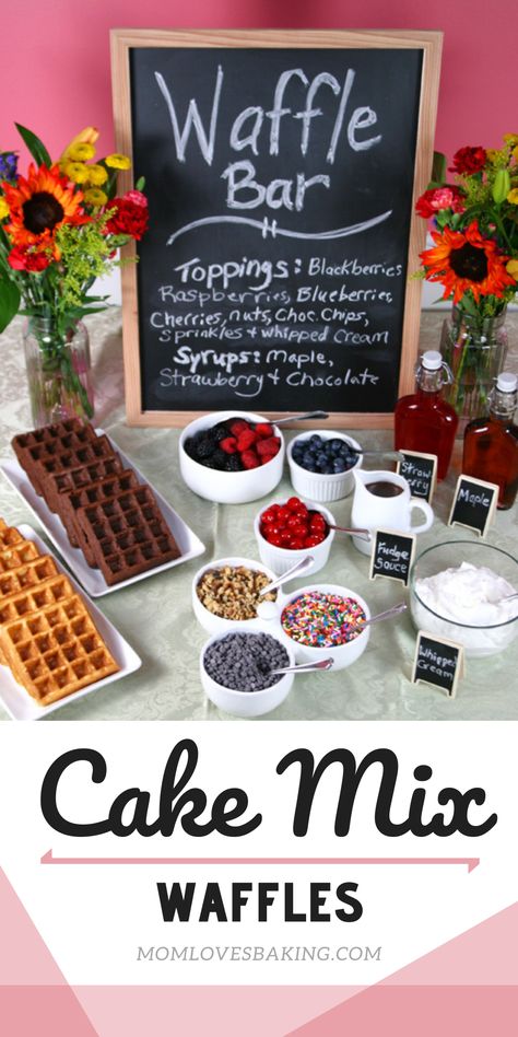 Picture of a waffle bar party with black board and WAFFLE BAR written in chalk. Lots of waffle toppings like sprinkles, cherries, nuts, chocolate chips. Cake mix waffles in vanilla and chocolate on a plate. Maple syrup and strawberry syrup in old fashioned bottles on table. Breakfast Bar For Party, Cake Waffles Recipe, Waffle Bar Party, Brunch For Kids Party, Waffle Night Party, Waffle Bar Birthday Party, Christmas Waffle Bar, Waffle Party Ideas, Brunch Bar Ideas Party