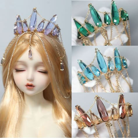 For Blythe 1/4 1/3SD&Uncle BJD Headwear Crystal Crown+Tassels Chain Adjustable | eBay Resin Crown, Ice Crown, Wire Crown, Crystal Crowns, Fantasy Crown, Mermaid Costumes, Kawaii Outfit Ideas, Mermaid Stuff, Kawaii Outfit