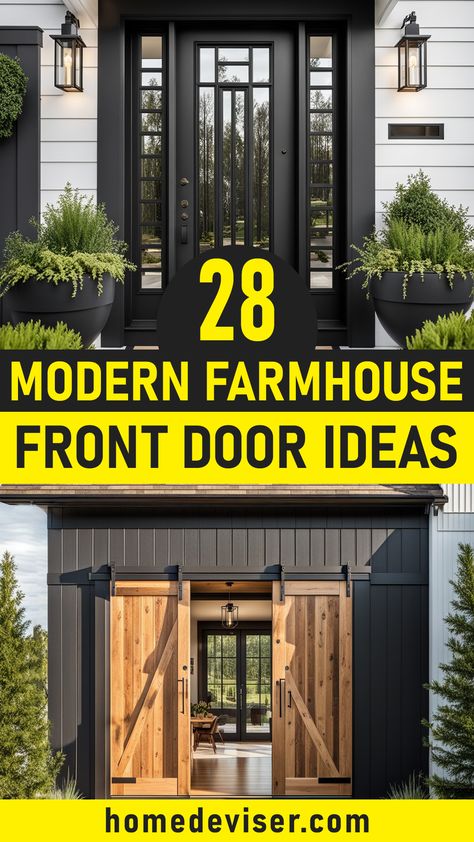 28 Modern Farmhouse Front Door Ideas! Discover 28 stylish and contemporary farmhouse front door ideas to elevate your home's entrance. Explore various designs, colors, and styles to create the perfect welcoming atmosphere. Farmhouse Main Door, Front Entry Doors Farmhouse, Black Farmhouse Front Door, Entryway Doors Exterior, Wooden Double Front Doors Modern, Front Door Ideas Entrance, Farmhouse Front Door Ideas, Wide Front Door, Modern Farmhouse Front Door