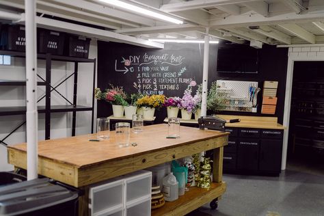 The basement studio space is finally complete! Back in <a ... Basement Floral Studio, Anthropologie Curtains, Basement Redo, Basement Studio, Flower Cottage, Quaint Cottage, Studio Inspiration, Basement Stairs, The Glow Up