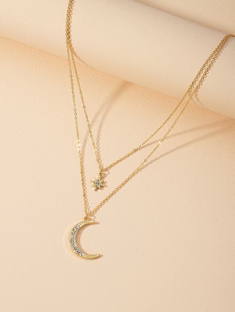 Gold    Iron   Embellished   Jewelry Star And Moon Necklace, Sparkly Necklace, Multi Layer Necklace, Crescent Moon Necklace, Star Moon, Watches Women Fashion, Gold Necklace Layered, Silver Moon, Moon Charm