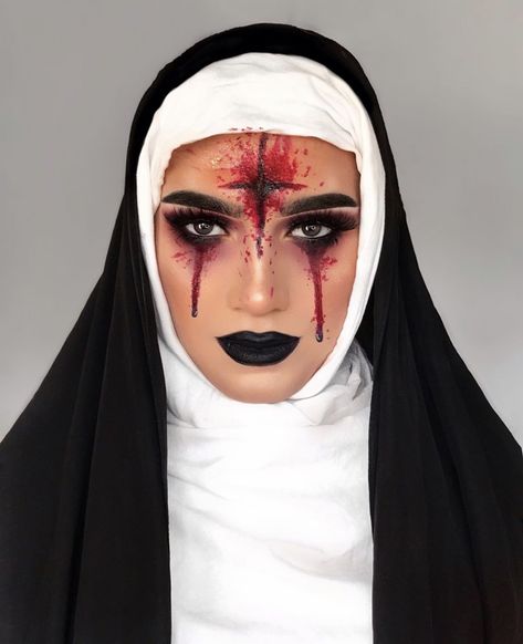 Halloween Nun Costume Makeup, Nun Couples Costume, Nun Costume Makeup, Nun Halloween Costumes Makeup, Nun Makeup Halloween Pretty, Evil Nun Makeup, Demon Nun Makeup, Nun Makeup Halloween, Halloween Makeup Nun Scary