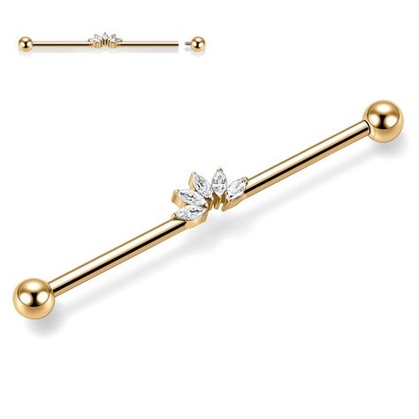 PRICES MAY VARY. ➹Attractive Style➹ Industrial barbell with horse eyes CZ in the middle to make it more shiny and charming on your ear cartilage.What's more, externally threaded design, easy to insert and take off, ➹Industrial Piercing Size&Color➹: Color:Gold with clear CZ.Size:14 Gauge(1.6mm), Bar Length: 1 1/2" (38mm), Ball Size:5mm. ➹Not An Allergic Material➹ The industrial barbell is made of 316L surgical steel(nickel-free,lead-free,cadmium-free).It's harmless to the human body,safe and heal Industrial Earrings Bar, Gold Industrial Piercing, Industrial Barbell Jewelry, Industrial Bars, Industrial Bar Piercing, Industrial Piercing Barbells, Bar Industrial, Future Board, Industrial Earrings