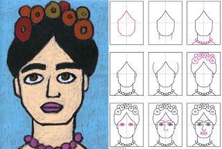 Art Projects for Kids: How to Draw Frida Kahlo (face practice) - we did this project.  It was fun and interesting.  We read "Getting to know Frida Kahlo" with it. Frida Kahlo Paintings, Frida Art, Frida Kahlo Art, Artist Project, Art Projects For Kids, Art Worksheets, Diego Rivera, Homeschool Art, Art Lessons Elementary