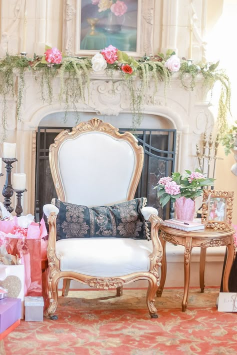 Bridal Shower Gift Chair For Bride, Bridal Shower Opening Gifts Chair, Bridal Shower Gift Opening Chair, Chair Bridal Shower The Bride, Vintage Tea Bridal Shower Ideas, Bridal Shower Bride Seat, Romantic Bridal Shower Theme, Bridal Shower Seat For Bride, Bridal Shower Fireplace Decor