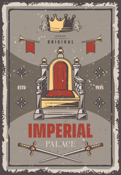 Vintage colored royal poster with inscri... | Free Vector #Freepik #freevector Castle Vector, Printable Wall Collage, Medieval Aesthetic, Crossed Swords, Vintage Pop Art, Pop Art Illustration, Knight Armor, Royal Design, Trumpets