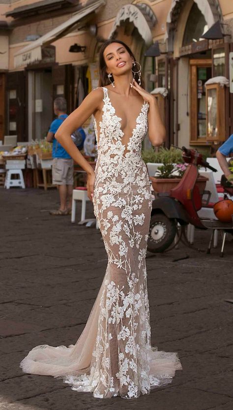 Berta Privée Wedding Dresses: Collection No. 3 Sheer lace fitted V neck bridal gown #weddingdress #designerweddingdress #bridalgown #bridetobe #designerbridal #dreamdress #dresses Wedding Dresses Sheer, Boho Bridal Gowns, Sheer Wedding Dress, Trumpet Wedding Dress, Mermaid Wedding Dresses, Mini Dress Fashion, Lace Mermaid, Princess Wedding Dresses, Lace Mermaid Wedding Dress