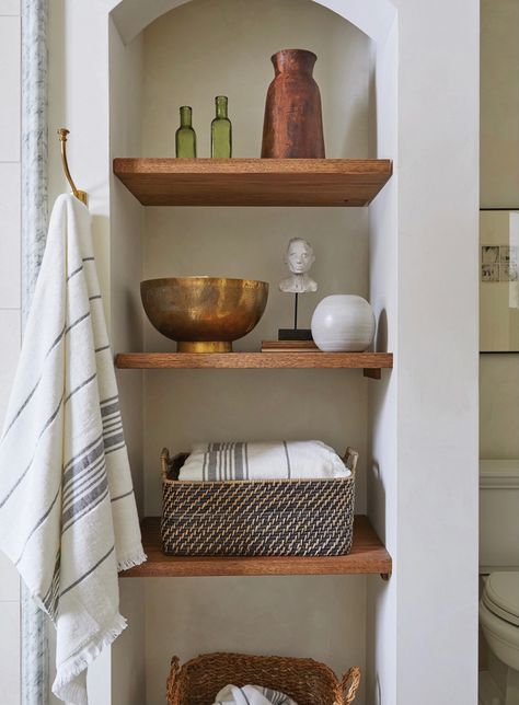 Teak Shelves Bathroom, Exposed Shelves Bathroom, Open Shelves In Bathroom, Vibe Apartment, Wood Bathroom Shelf, Bg House, Modern Organic Bathroom, Midcentury Modern Bathroom, Organic Bathroom