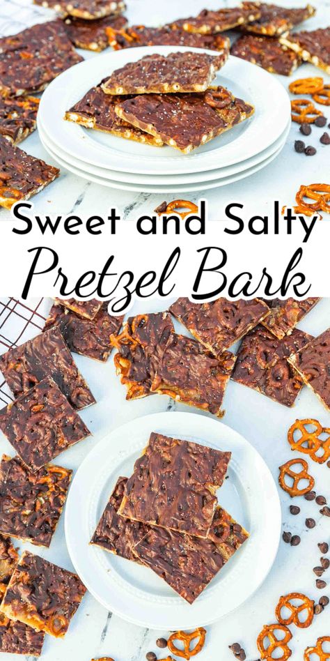 Satisfy your sweet tooth with this 5-ingredient Chocolate Toffee Pretzel Bark! It's a super easy mashup of chocolatey goodness, buttery toffee, and the awesome crunch of salty pretzels. via @nmburk Pretzel Cracker Bark Recipe, Pretzel Crisp Bark, Pretzel Bark Recipes Simple, Pretzel With Chocolate, Chocolate Toffee Pretzel Bark, Toffee Pretzel Bark, Chocolate Pretzel Bark, Pretzel Toffee Bark, Pretzel Bark Recipes