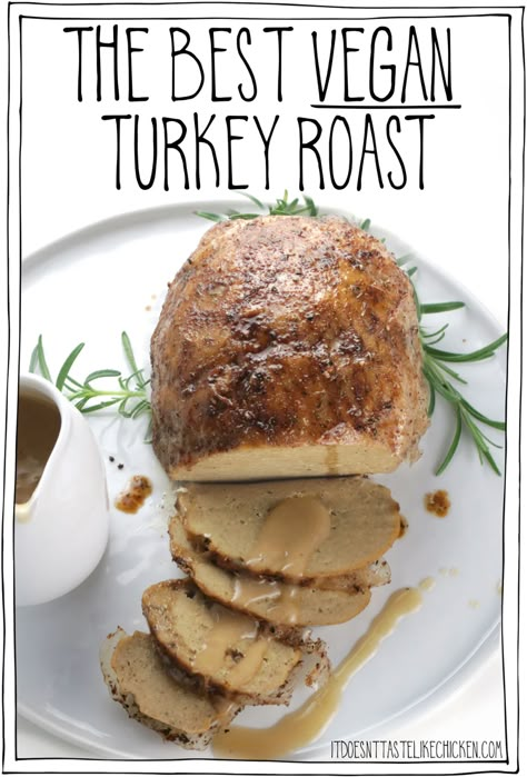 The best vegan turkey roast with crispy skin! The perfect centerpiece for Thanksgiving of a holiday meal. Easy to make, and most of it can be made ahead of time, so it's a great stress-free option. It's super meaty, tender, juicy, rich yet mild flavor, and with buttery garlic crispy skin!! You and your family will be amazed at how delicious it is! #itdoesnttastelikechicken #seitan #veganthanksgiving Vegan Turkey Roast, Vegetarian Turkey, Vegan Meat Recipe, Turkey Roast, Vegan Turkey, Seitan Recipes, Vegan Holiday Recipes, Vegetarian Thanksgiving, Vegan Roast