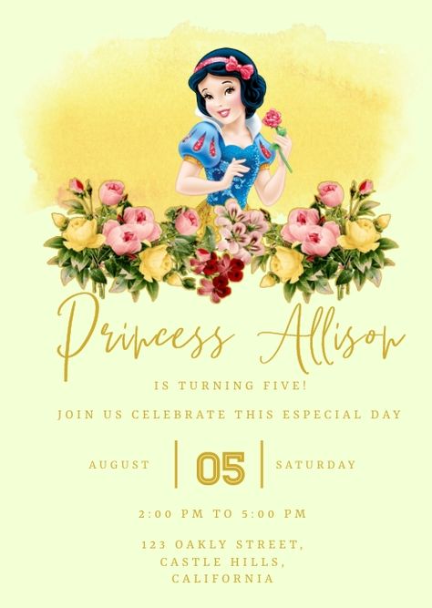 Snow White First Birthday Party Invitations, Snow White Party Invitations, Snow White Birthday Invitation Template, Snow White 2nd Birthday Party, Snow White Birthday Invitations, Invitation Design Birthday, Snow White Theme, Snow White Invitations, Baby Snow White