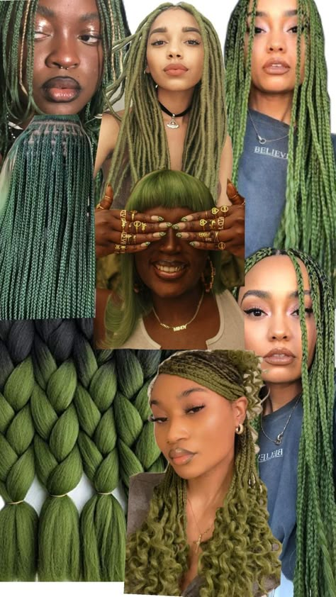 Olive Green Hair Extensions Forest Green Braids, Green Braids Black Women, Green 4c Hair, Blonde And Green Braids, Olive Green Braids, Green Hair Braids, Green And Blonde Braids, Pink And Green Braids, Green Braids For Black Women