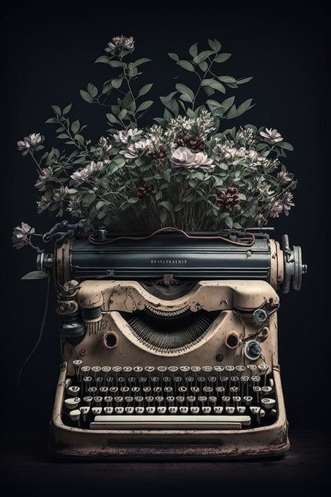 Old Typewriter Aesthetic, Typewriter Aesthetic Vintage Typewriters, Vintage Typewriter Aesthetic, Old Fashioned Aesthetic, Typewriter With Flowers, Typewriter Flowers, Vintage Academia Aesthetic, Typewriter Aesthetic, Author Aesthetic